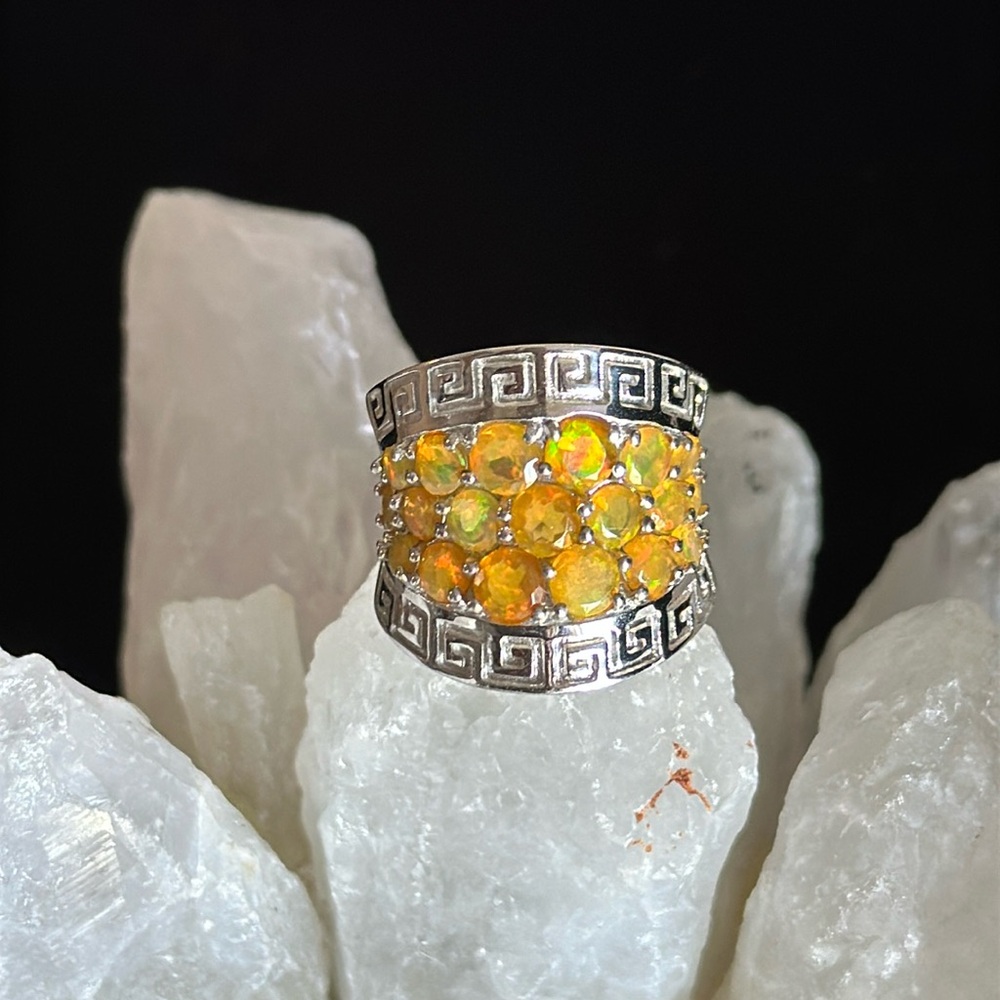 Ethiopian genuine opal & sterling NWOT ring. Greek key design & marked 925. Sz 5
